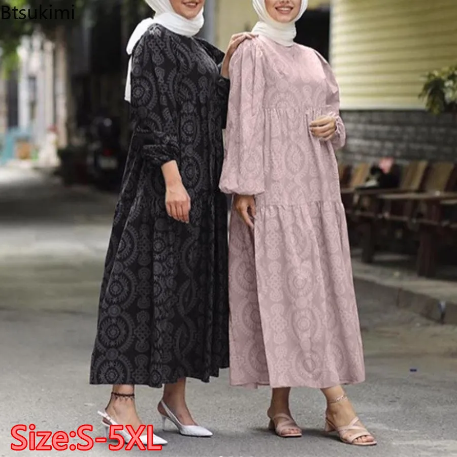 Muslim Fashion Abayas for Women Temperament Elegant O-neck Long-sleeved Printed Dresses Arab Saudi Kaftan Modest Robes Vestidos