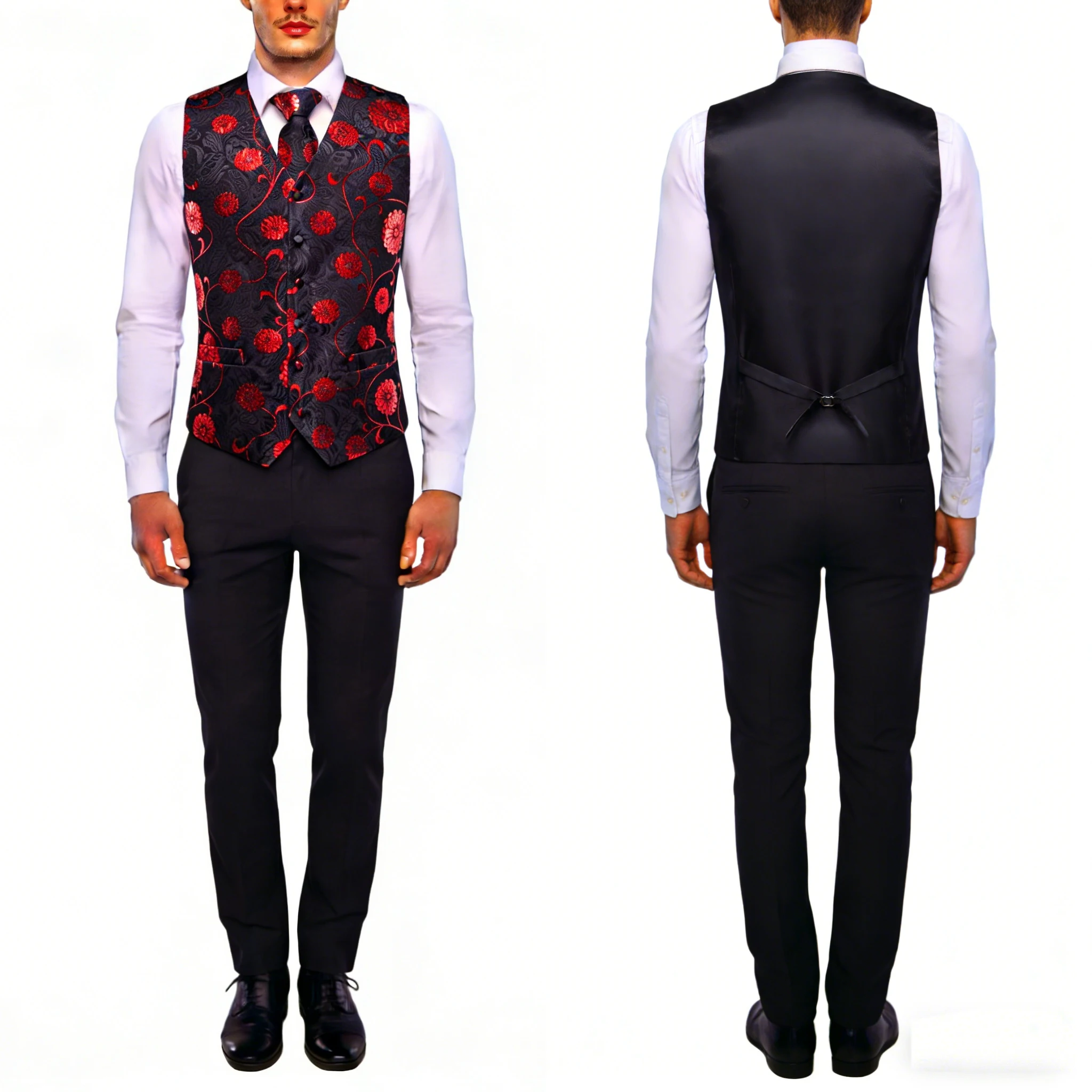 Red Maroon Burgundy Mens Vests Jacquard Floral Paisley Waistcoat Tie Hanky Cufflinks Set for Men Suit Weddding Business Party