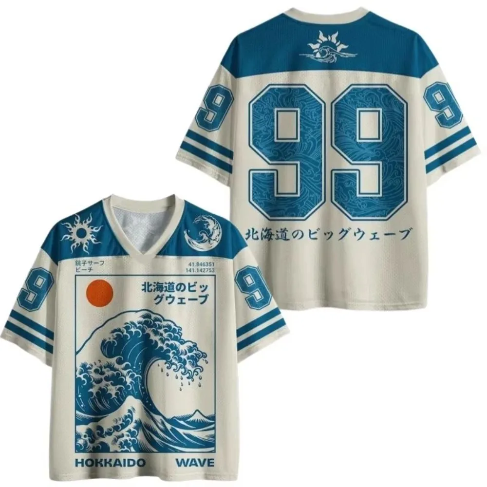 New Japanese Harajuku Style Great Wave Graphic & No.99 Printed Mesh V‑Neck T‑shirt Breathable Short Sleeve Tees for Adult & Kids
