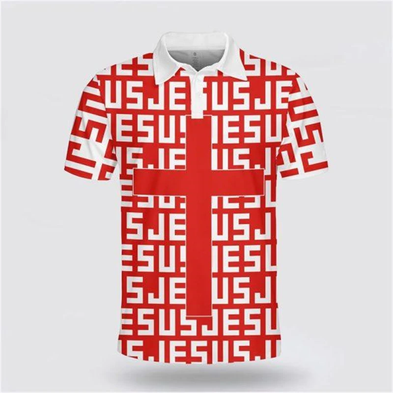 Jesus Christ Men\'s Polo Shirts 3D Printed T Shirt For Men Lapel Short Sleeve Oversized Baggy Clothes Male Harajuku Vintage Shirt