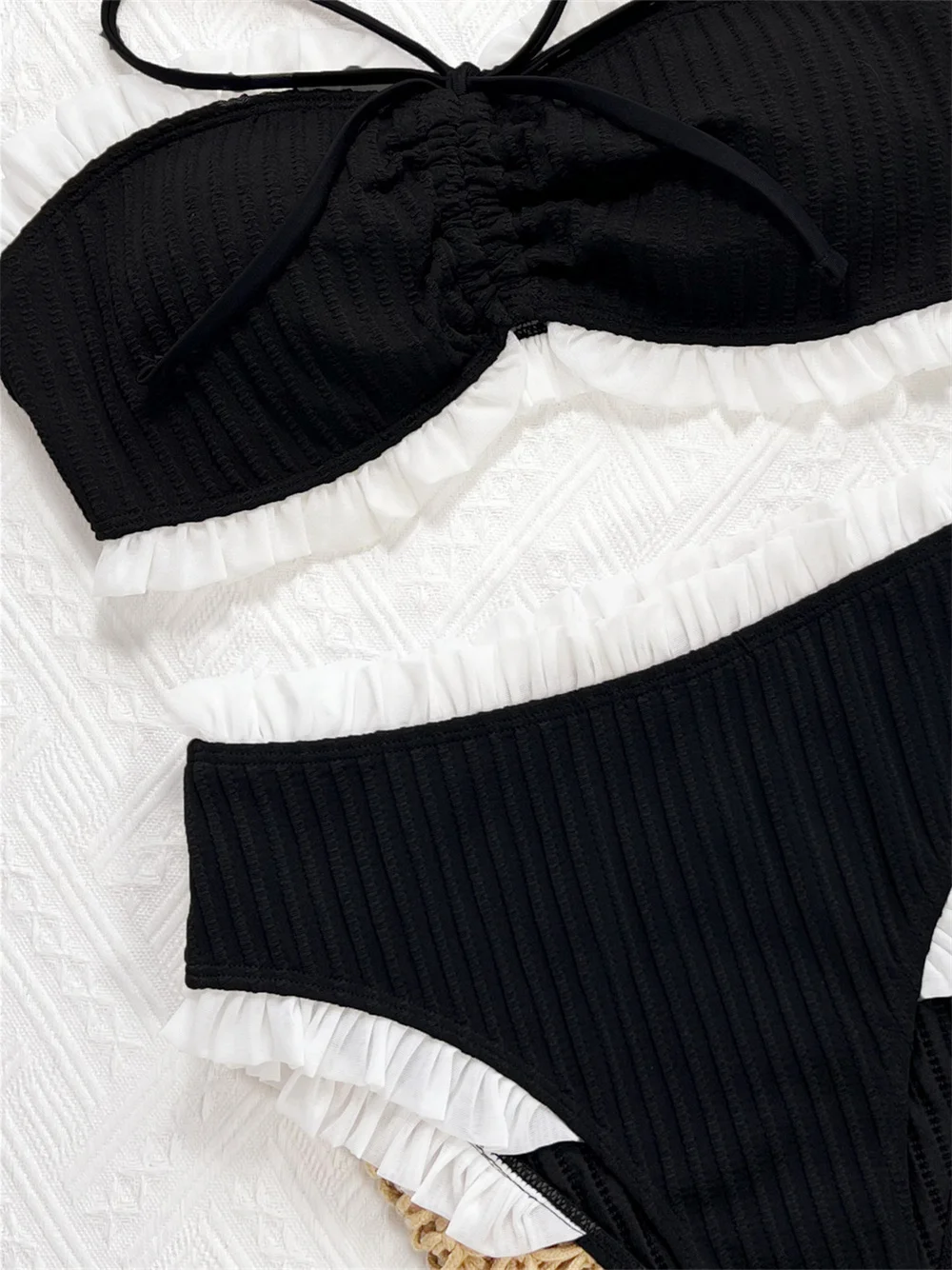 Sexy Ruffled Drawstring Bandeau Bikini Black and White Swimsuit Kawaii Set Swimwear Women High Waisted Beach Outfit Bathing Suit