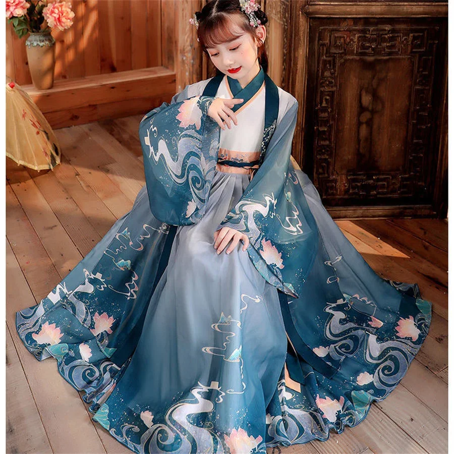 

New Hanfu girls spring and autumn children's costume dress 3-12 years old girl cherry blossom princess dress Chinese style child