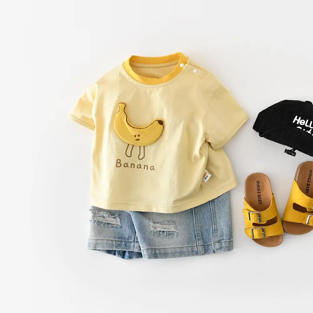 

2026 Summer New Baby Cute Banana Print Short Sleeve T Shirts Infant Girl Cotton Tee Toddler Boy Casual Tops Kids Clothes