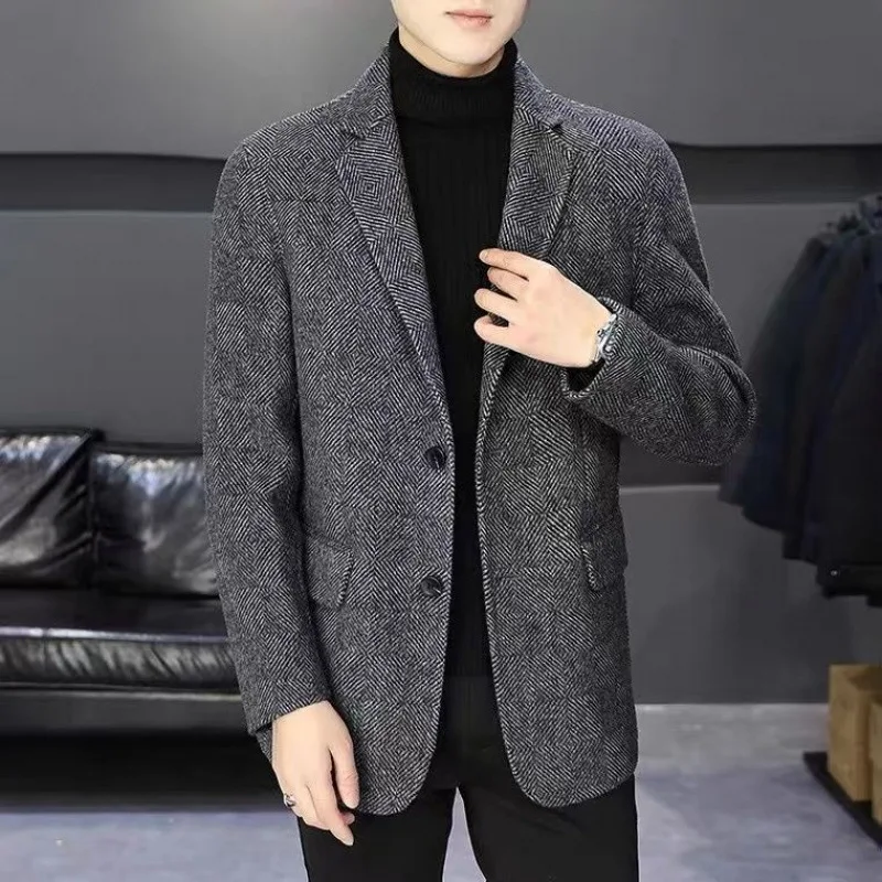 1-A47  Trendy Brand Light Luxury Simple Coat Men's Herringbone Patte Fashionable Slim-fit All-match Business Woolen Suit