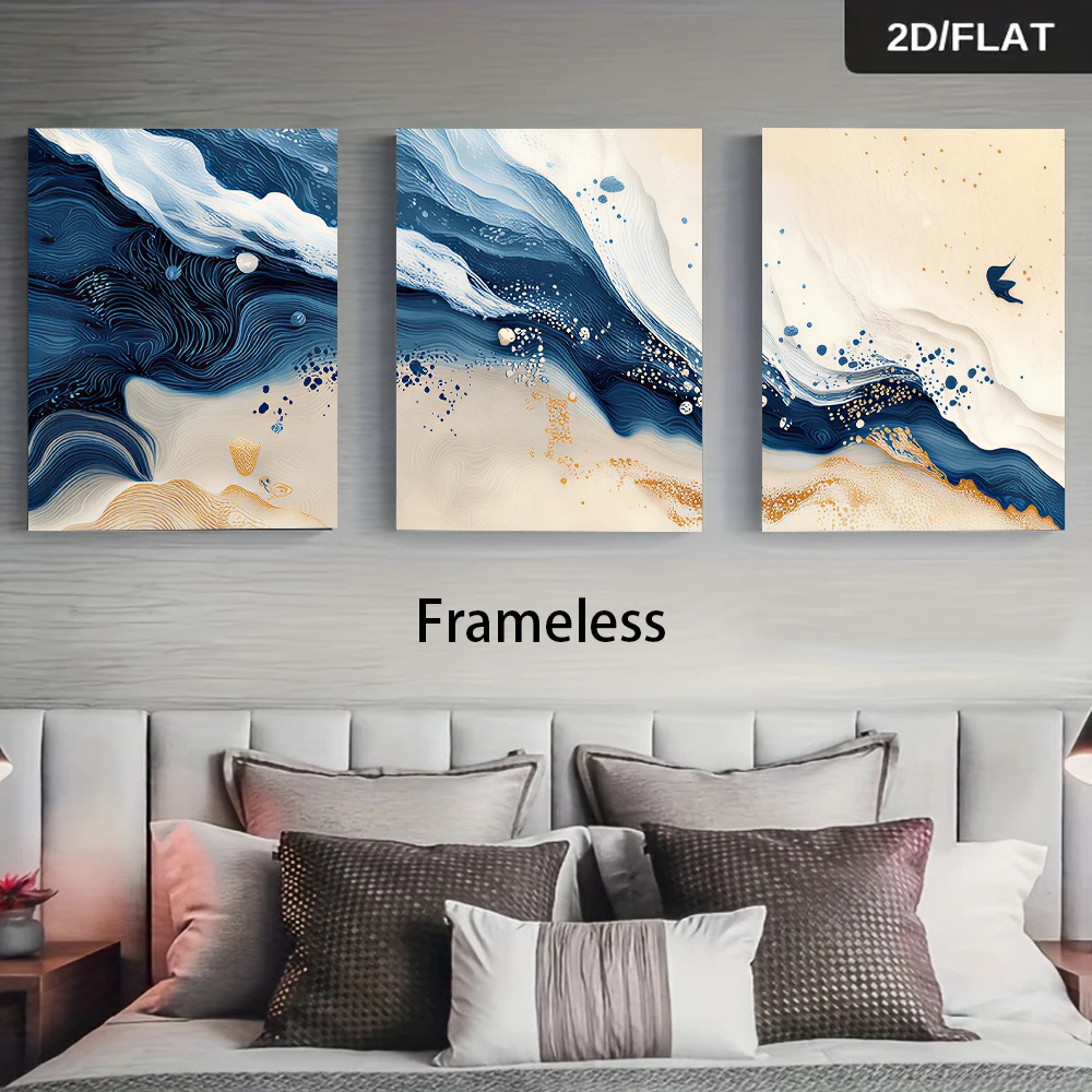 1 set of modern abstract triptych wave decoration paintings, light luxury bedroom foyer frameless painting, 2D plan