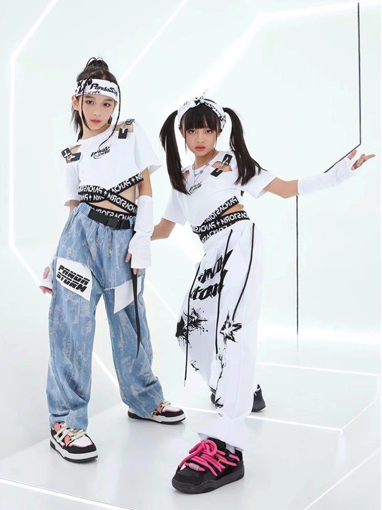 Jazz Dance Costume for Girls White Black Crop Tops Fashion Pants Hip-Hop Performance Clothes Teenagers Kids Street Dance Outfit