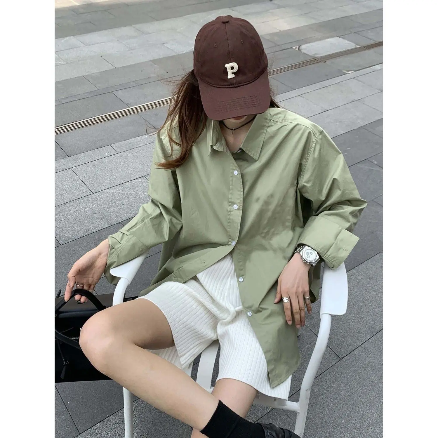 2024 Spring/Summer Fashionable Style Avocado Green Long Sleeved Shirt Women\'s Thin Loose Solid PU Coat Shirt