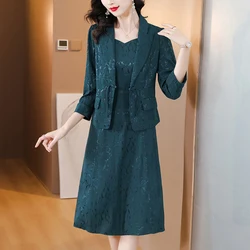 2023 Autumn/Winter New Green Silk Printed Suit Coat Long Sleeve Set Women's Loose Large Slim Knee Length Skirt Two Piece Set