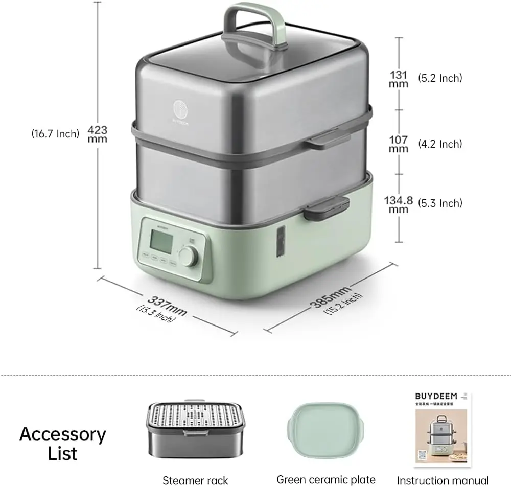 G67US-A503 Elektrischer Dampfgarer zum Kochen, 2-Reifen-Edelstahl-Dampfgarer mit manuellem Modus, 1500 W, 14 Quart, Grün