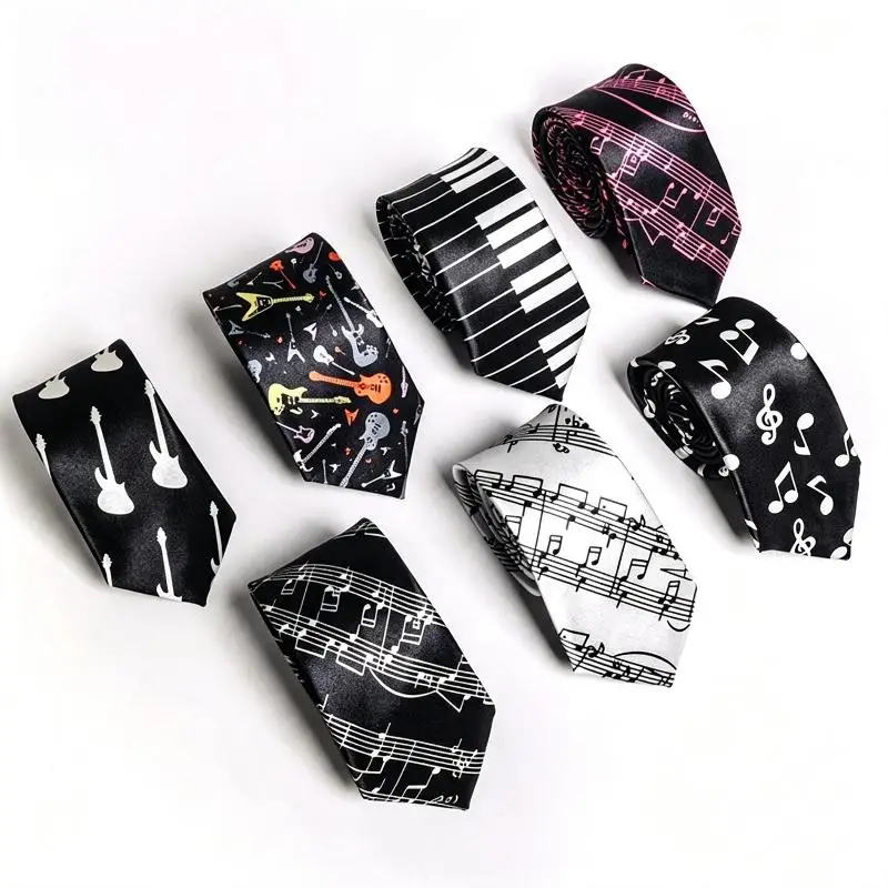 Corbata estampada con motivos musicales clásicos, de seda, estrecha, lisa, con diseño de piano y guitarra, de estilo sencillo y elegante, moderna, unisex, ideal como regalo.
