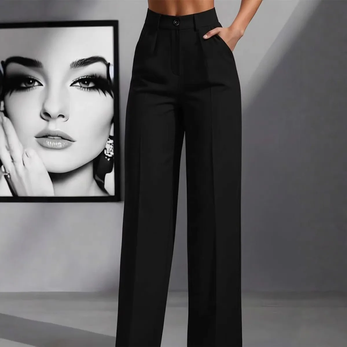 High Waist Straight Leg Full Length Suit Pants with Japanese Korean Casual Style Crinkle Texture Pocket Detail for Women