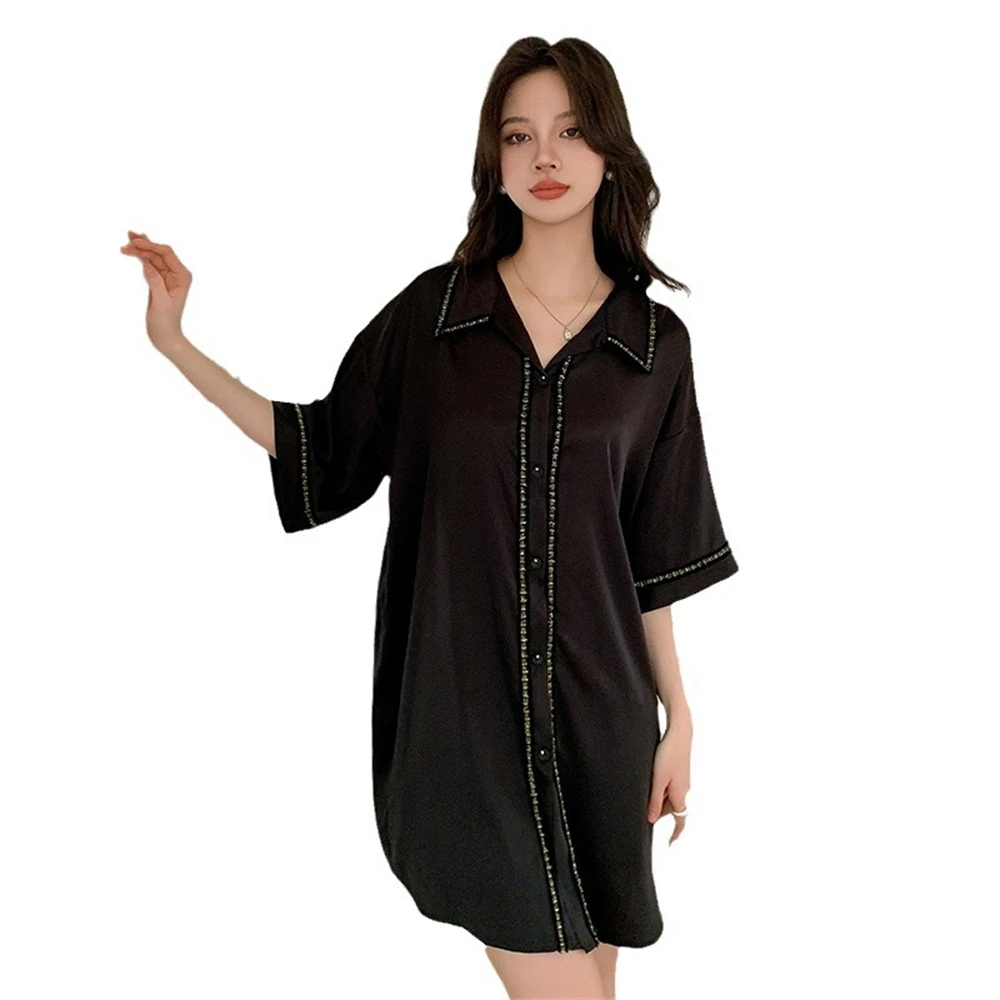 

Female Black Sleepshirt Summer Back Hollow Nightdress Homewear Lace Turn-down Collar Loungewear Nightgown Lingerie Shirt Dress