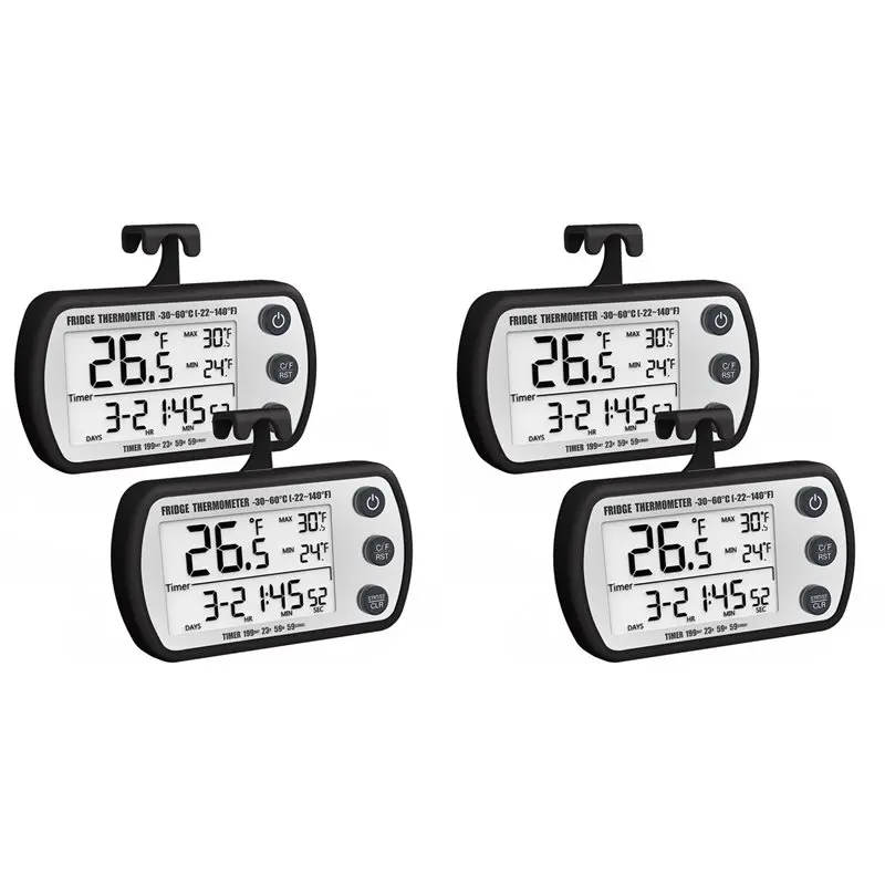ABJI-Digital Refrigerator Thermometer 4 Pack,Waterproof Fridge Thermometer, Max/Min Record Function,Timer Function Black