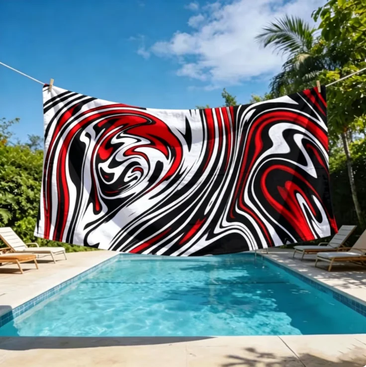Oversized Microfiber Beach Towel, Abstract Red Black White Swirl Print, Quick Dry Sand Free