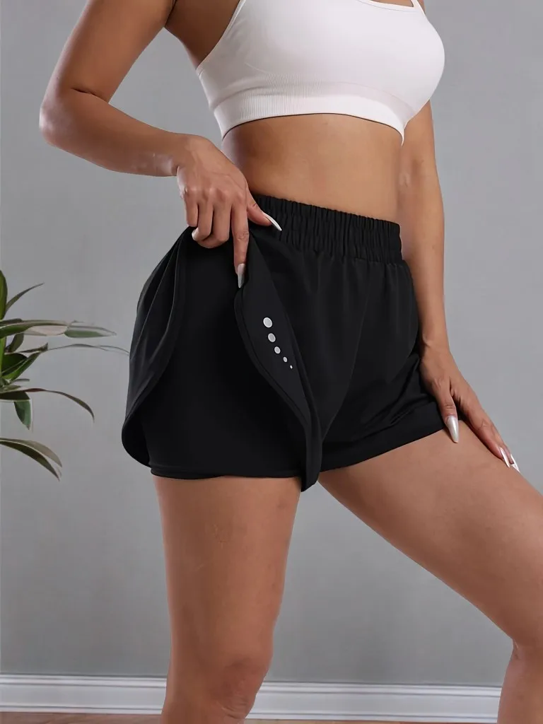 Fashionable Women's Casual Sports Shorts, Two-In-One Design with Pockets, Suitable for Outdoor Running, Close-Fitting, Comfortable, and Breathable