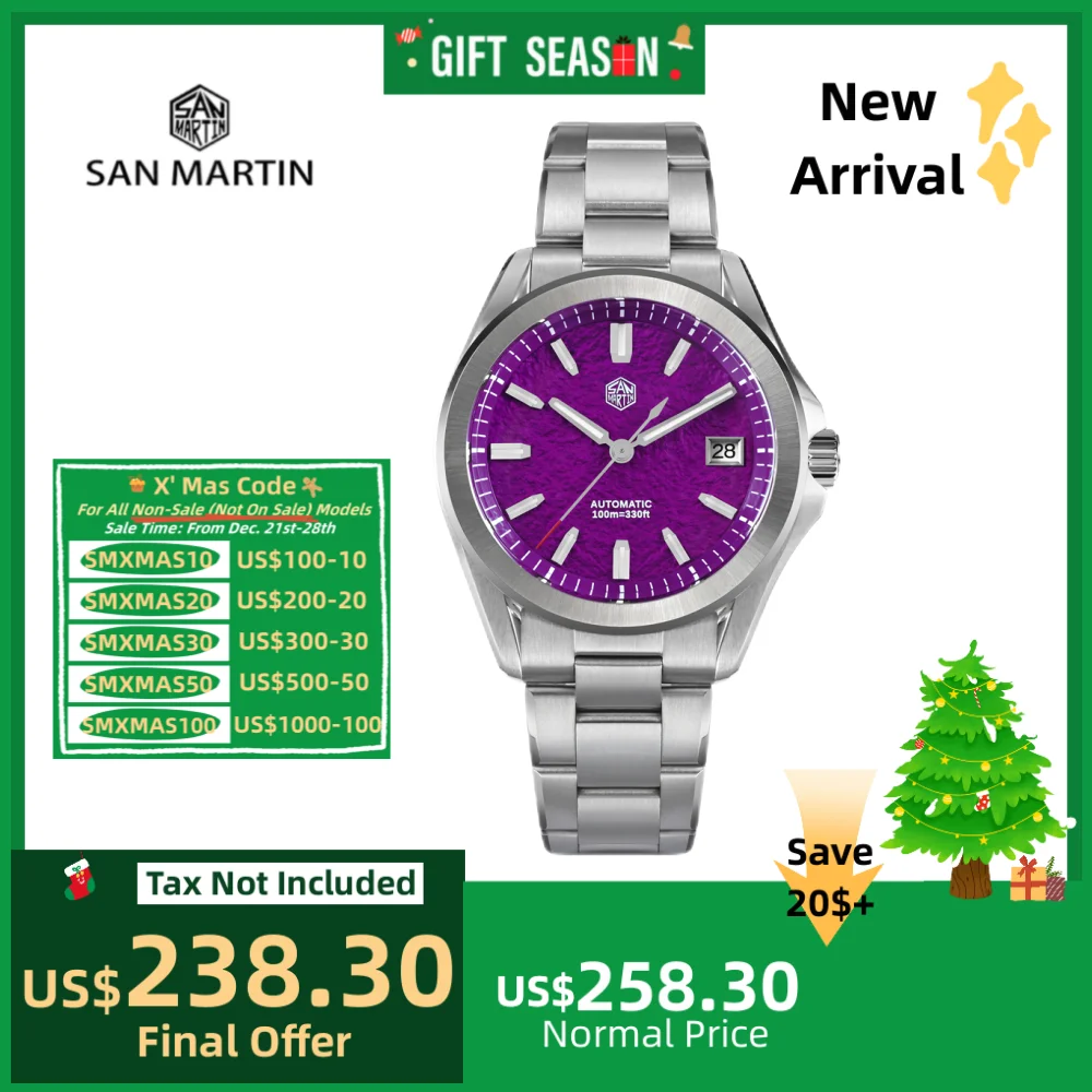 

San Martin 39mm Men Dress Watch Self-Wind Mechanical 3H Date New On The Fly Adjust Clasp BGW-X1 Lume Hombre Reloj SN0129C-2/3