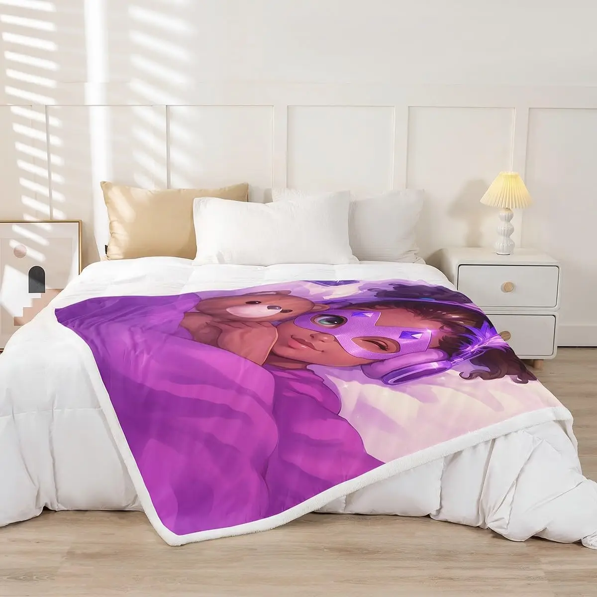 Superhero girl blanket purple mask design cute cartoon character soft throw kids room decor bedroom textile cozy accessory
