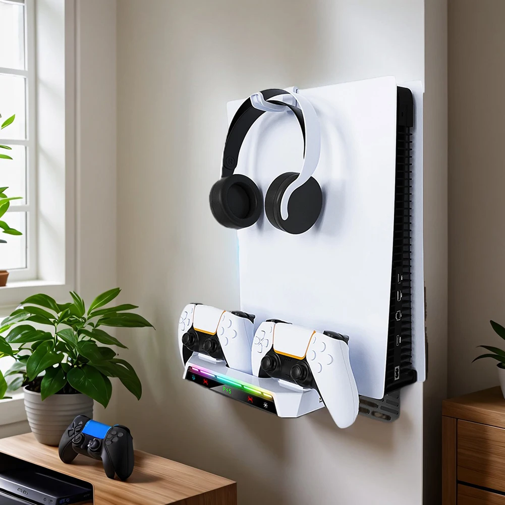 Wall Mount Kit with Charging Station RGB Light Wall Bracket W/ Headset Holder Wall Stand for PS5/PS5 Slim Disc & Digital Console