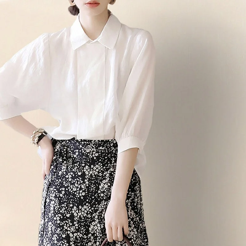 

Collar Seven Sleeve Cotton Linen Shirt Women's Premium Silk Top Korean Style Commute Pure Color Single Button Multiple