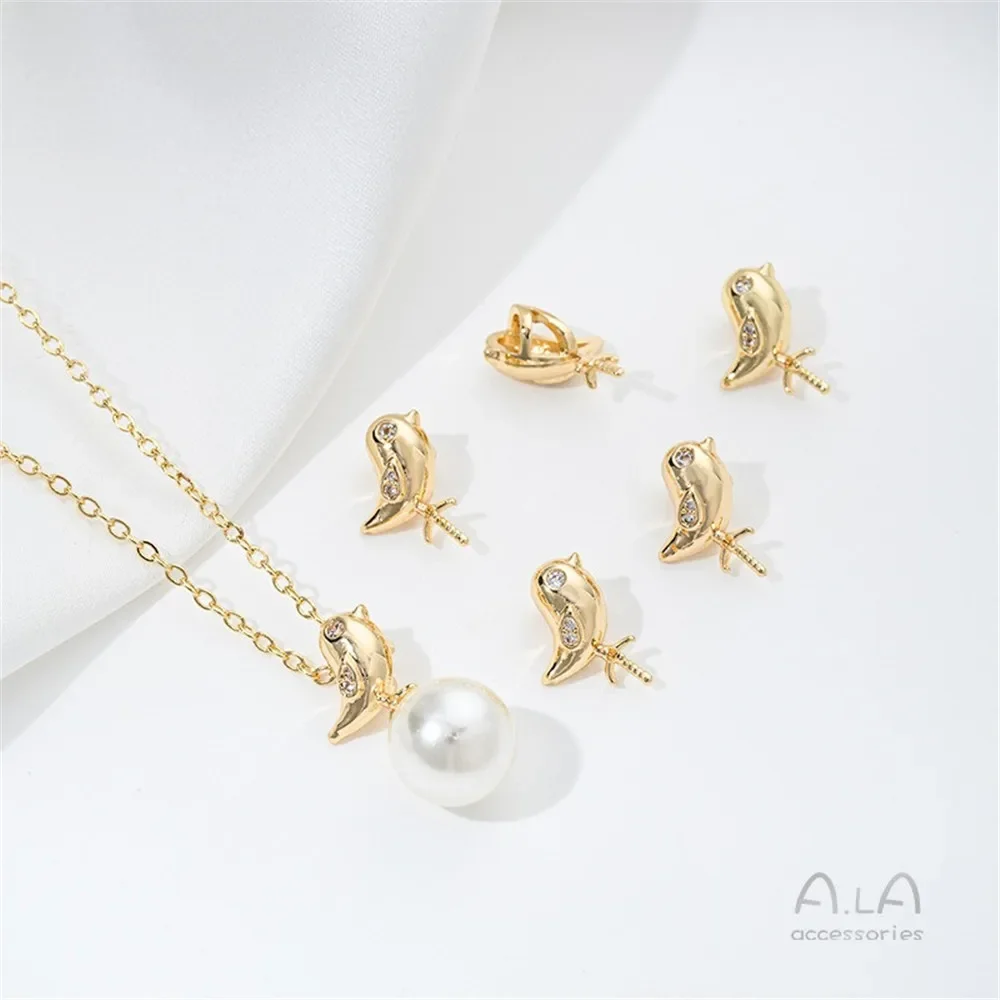 

14K Gold-plated Inlaid Zircon Geometric Necklace Pendant, Bird Four-leaf Clover Heart-shaped Pearl Charm Pendant