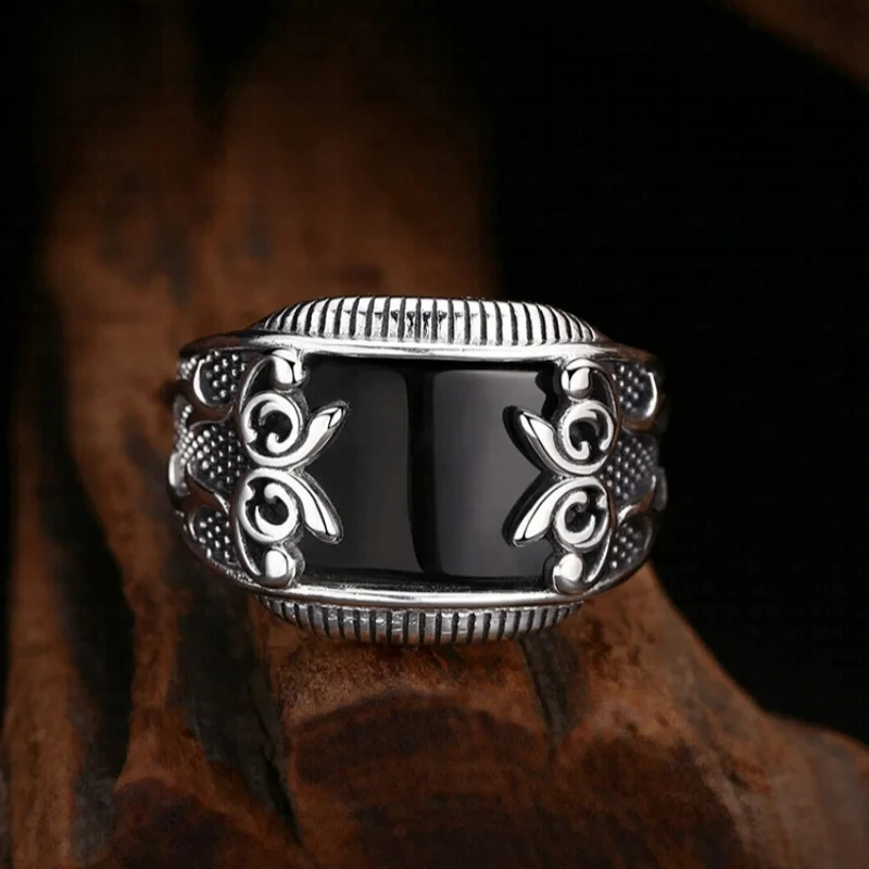 New s925 sterling silver charms rings for men retro eternal rattan pattern inlaid black agate fashion punk jewelry ﻿wholesale