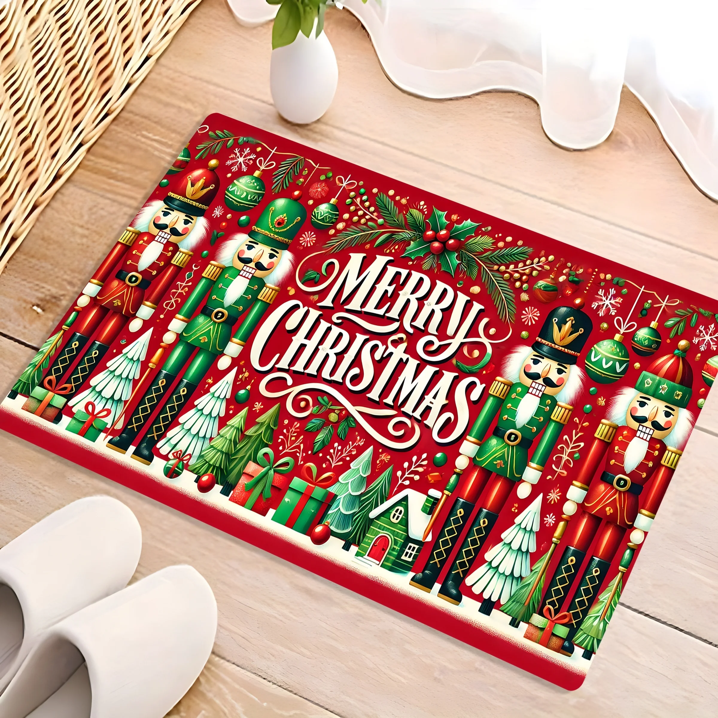 Christmas Nutcracker Tree Gift Doormat Premium Flannel Rug, Non-Slip Machine Washable Fade Resistant Door Carpet Decor
