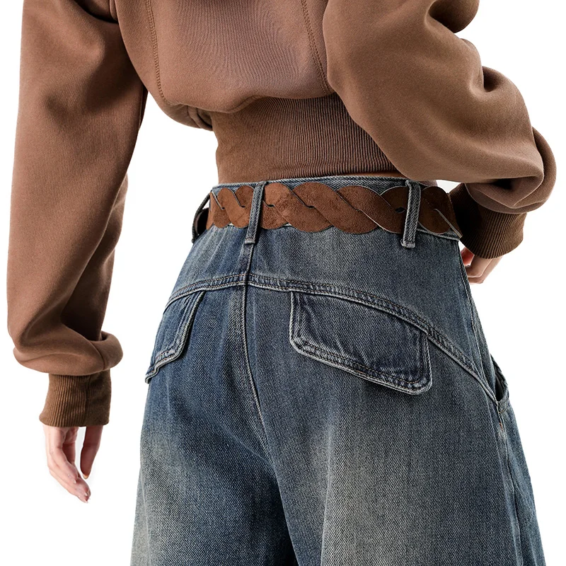 American Retro Plush Curved Knife Pants Autumn Winter New Loose Slimming Women's Jeans Lazy Straight Leg Wide Leg Denim Trousers