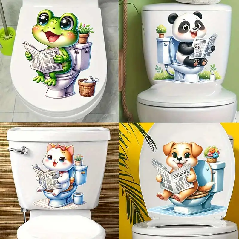 Cute Frog & Panda &Puppy& Cat Reading Newspaper on The Toilet Creative Toilet Home  Decoration Waterproof Stickers S480