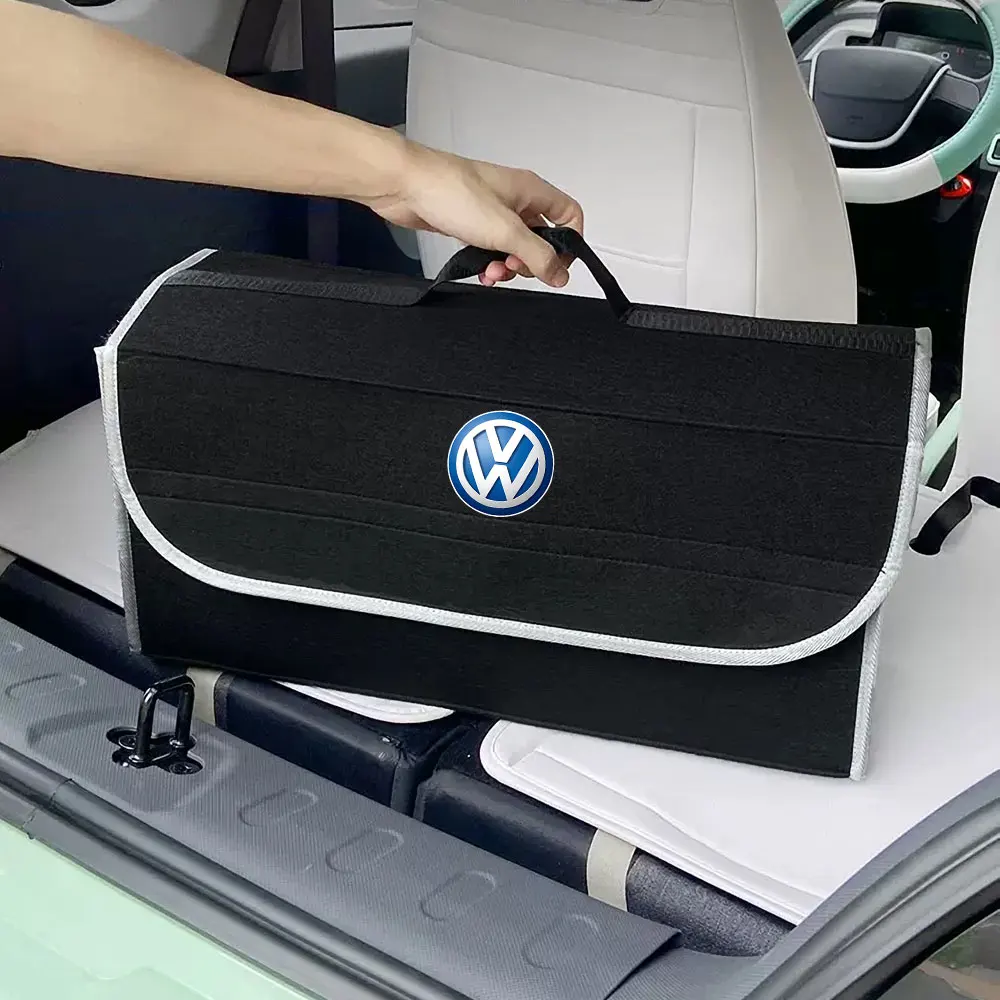 1PCS Black/Gray Car Logo Storage Box Trunk Organizer Box Felt Cloth Storage Box Auto Accessories For VW RLINE R POLO golf Tiguan