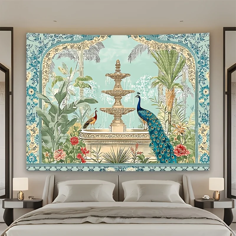 Tropical Peacock Tapestry Wall Hanging Boho Jungle Garden Decor Large Canvas Art Vintage Paradise Fountain Tapestry 180x320cm
