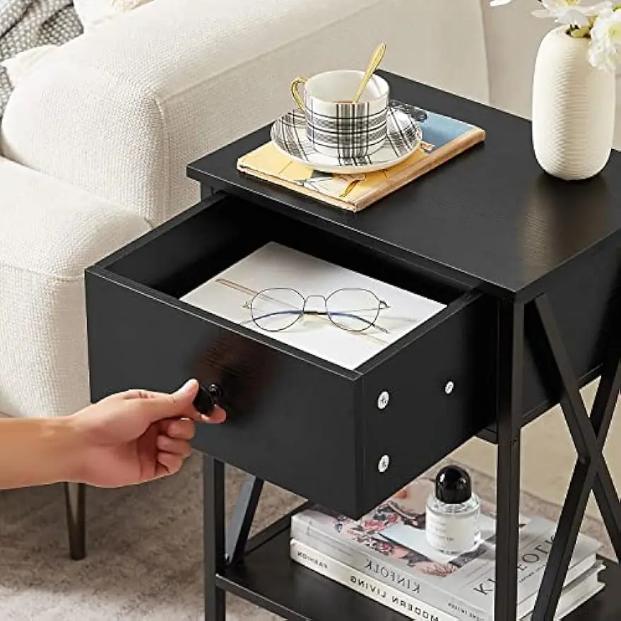 Nightstands, Modern End Side Tables,Night Stand with Drawer &Storage Shelf for Bedroom living Room Office Lounge, Black