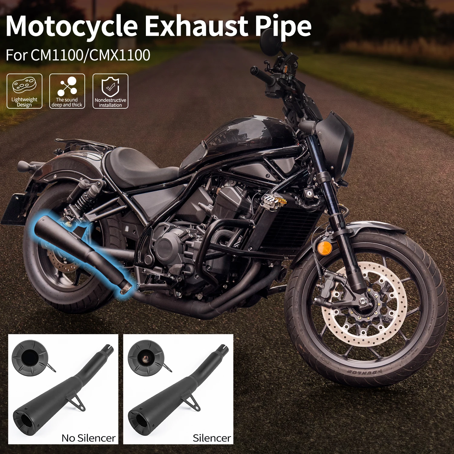 Motorcycle Exhaust Muffler Pipe Black Stainless Steel Long Type For Honda Rebel CM1100 CMX 1100 2021 2022 2023 2024 2025 2026