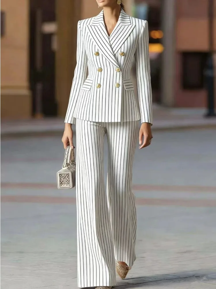 Fashion Autumn Winter Ladies Pant Suit Women Striped Female Business Work Wear Jacket Blazer and Trouser Formal 2 Piece Set