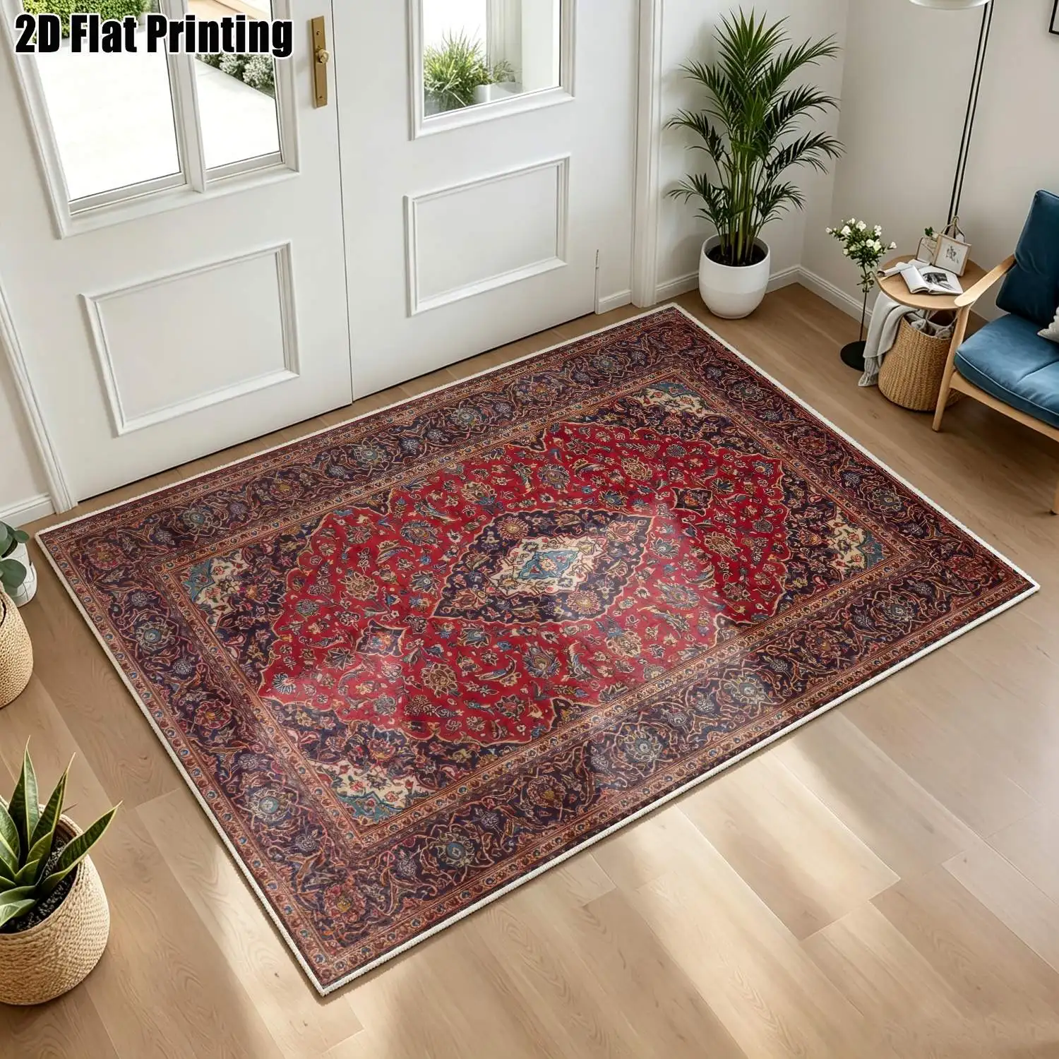 1Pc 2D Printed Red-Base Floral Geometric Velvet Carpet, European Vintage & Bohemian Style, Machine Washable, Multi-Size for Home Decor