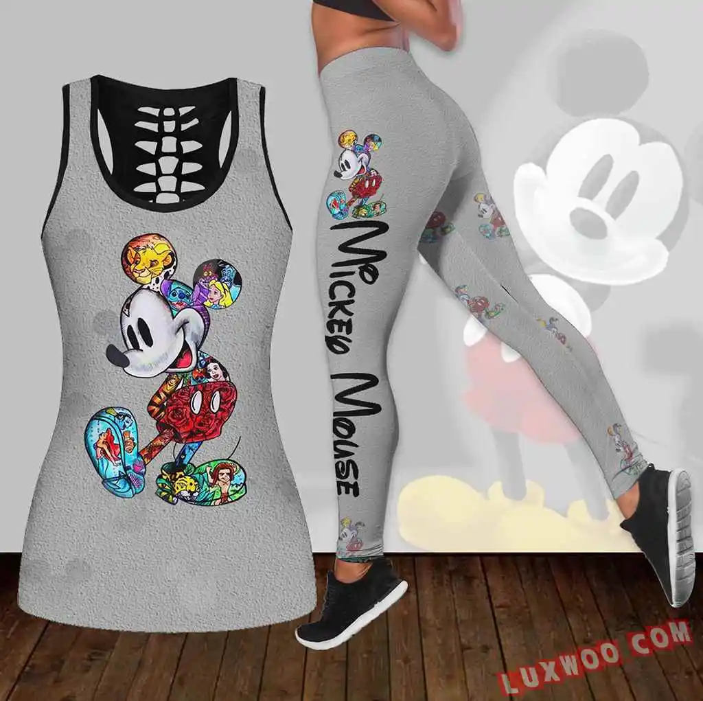 

2025Mickey Women's Hollow Vest Women's Leggings Yoga Suit Fitness Leggings Sports Suit Disney Tank Top Legging Set