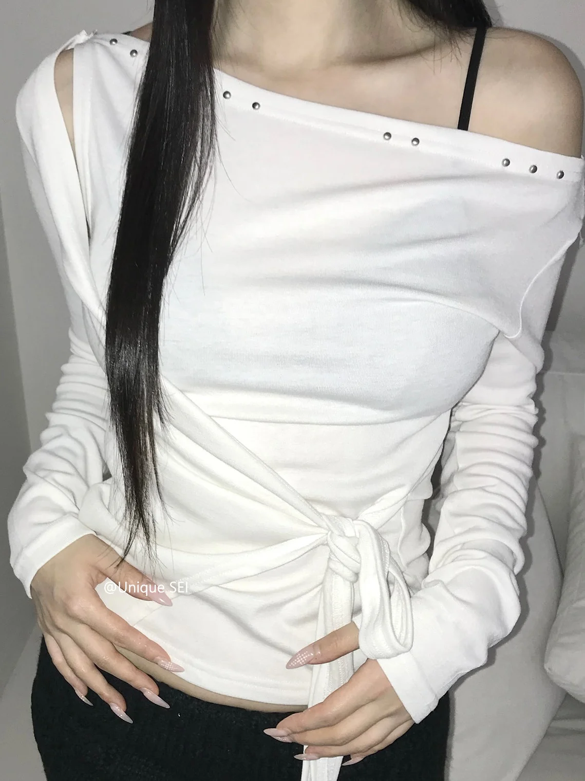Korean Style Long Sleeve T-Shirt Women's Casual Slimming Boat Neck Tie Waist Unique SEI Hot Girl Versatile Unusual Design Top