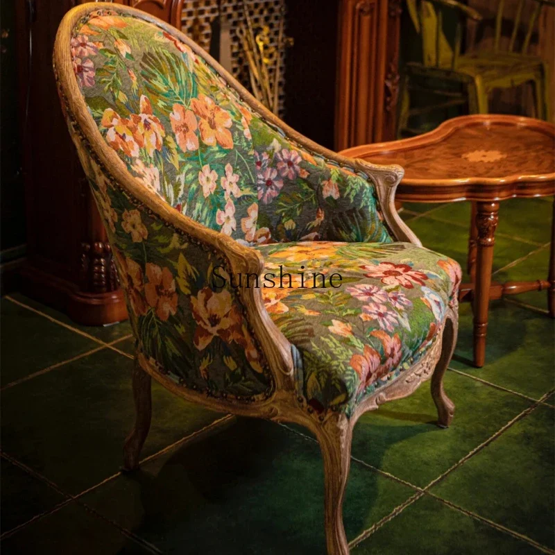 

American retro solid wood pastoral sofa chair floral cotton and linen light luxury furniture