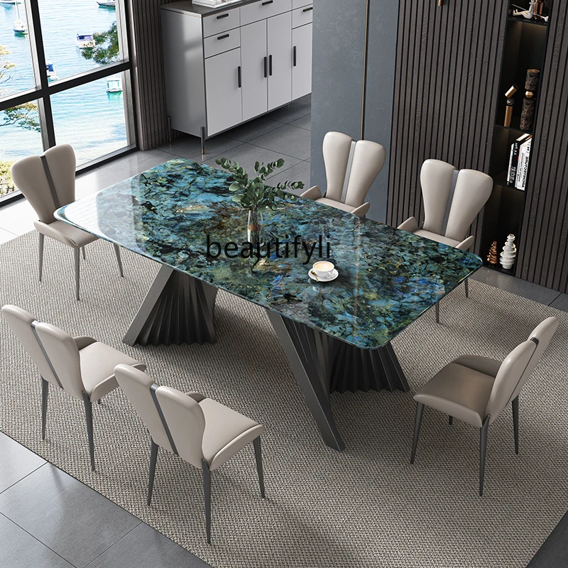 Natural Marble Dining Tables and Chairs Set Rectangular Household Microlite Italian Light Luxury Long Table