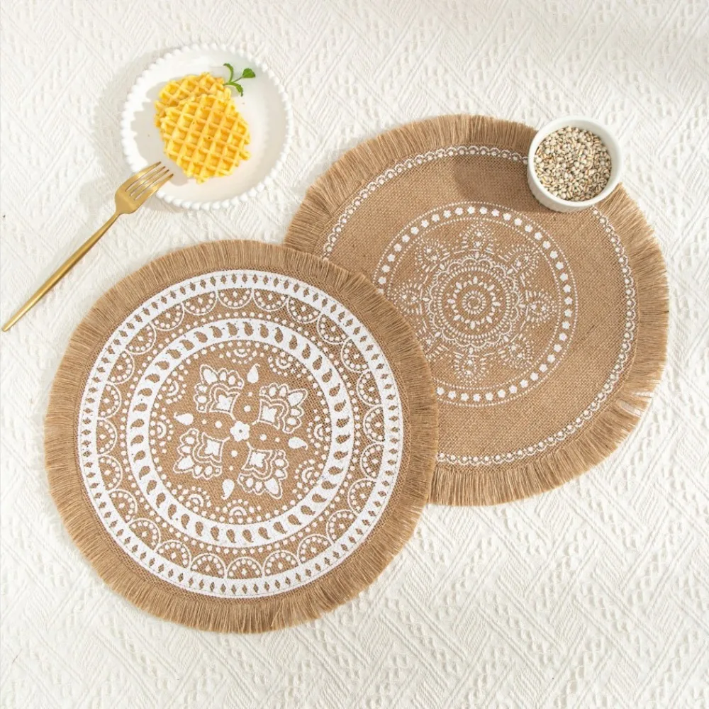 Vintage 36/38cm Round Placemat Heat Resistant Non-Slip Braided Place Mats with Tassels Bohemian Cup Coaster Mat Dining Table