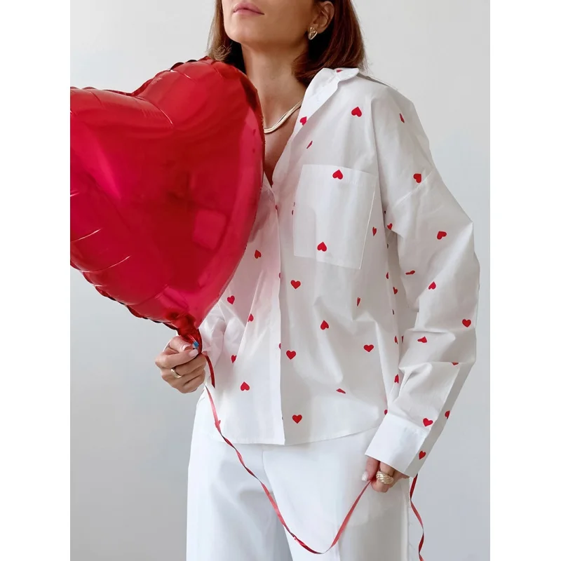 Camisa de solapa de lino y algodón con estampado en forma de corazón para mujer, nueva moda de primavera, venta al por mayor, TopYy18