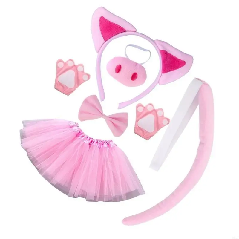 B95F 4/5/6 어린이를위한 돼지 의상 핑크 돼지 귀 머리띠 꼬리 Bowtie 장갑 Tutus 및 코 할로윈 동물의 코스프레 액세서리