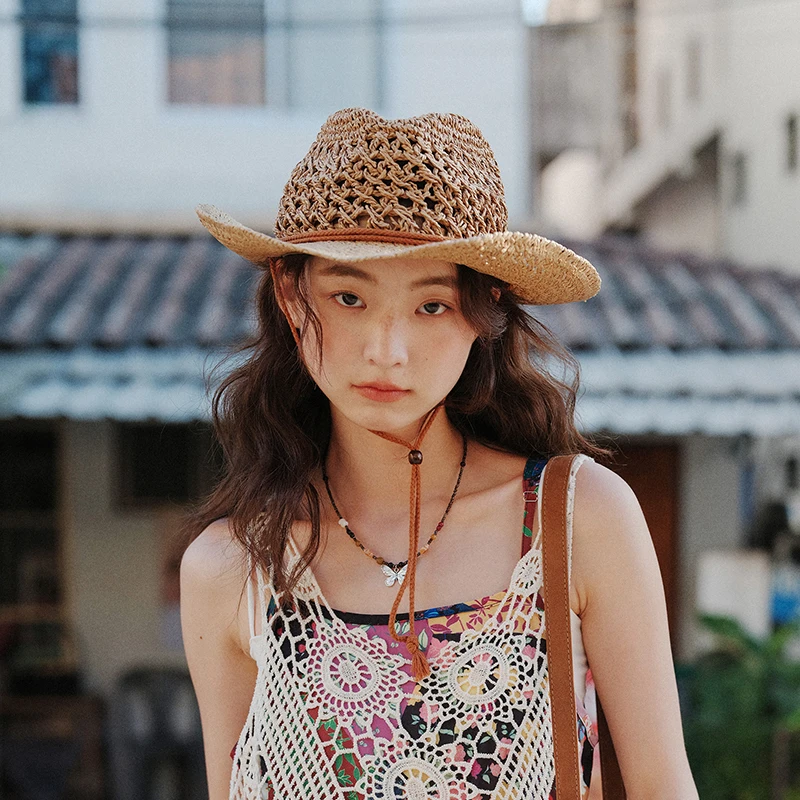 

Women's Summer Wide Brim Cowboy Hat Outdoor Camping Mountain Climbing Sun Protection Beach Hat Casual Style Flat Top Hat