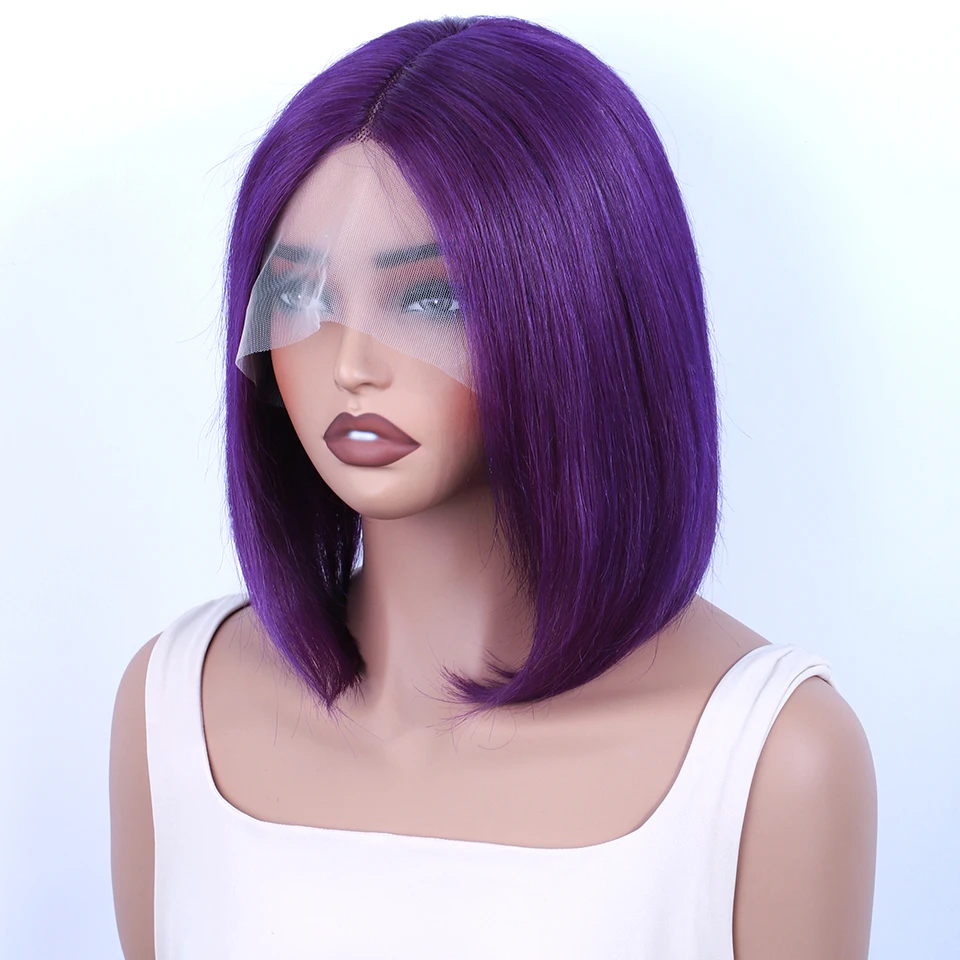 Straight Short Bob Wig 13*5*2 T Part Lace Front Human Hair Wigs Peruvian 180% Density Purple Color Lace Front Human Hair Wigs