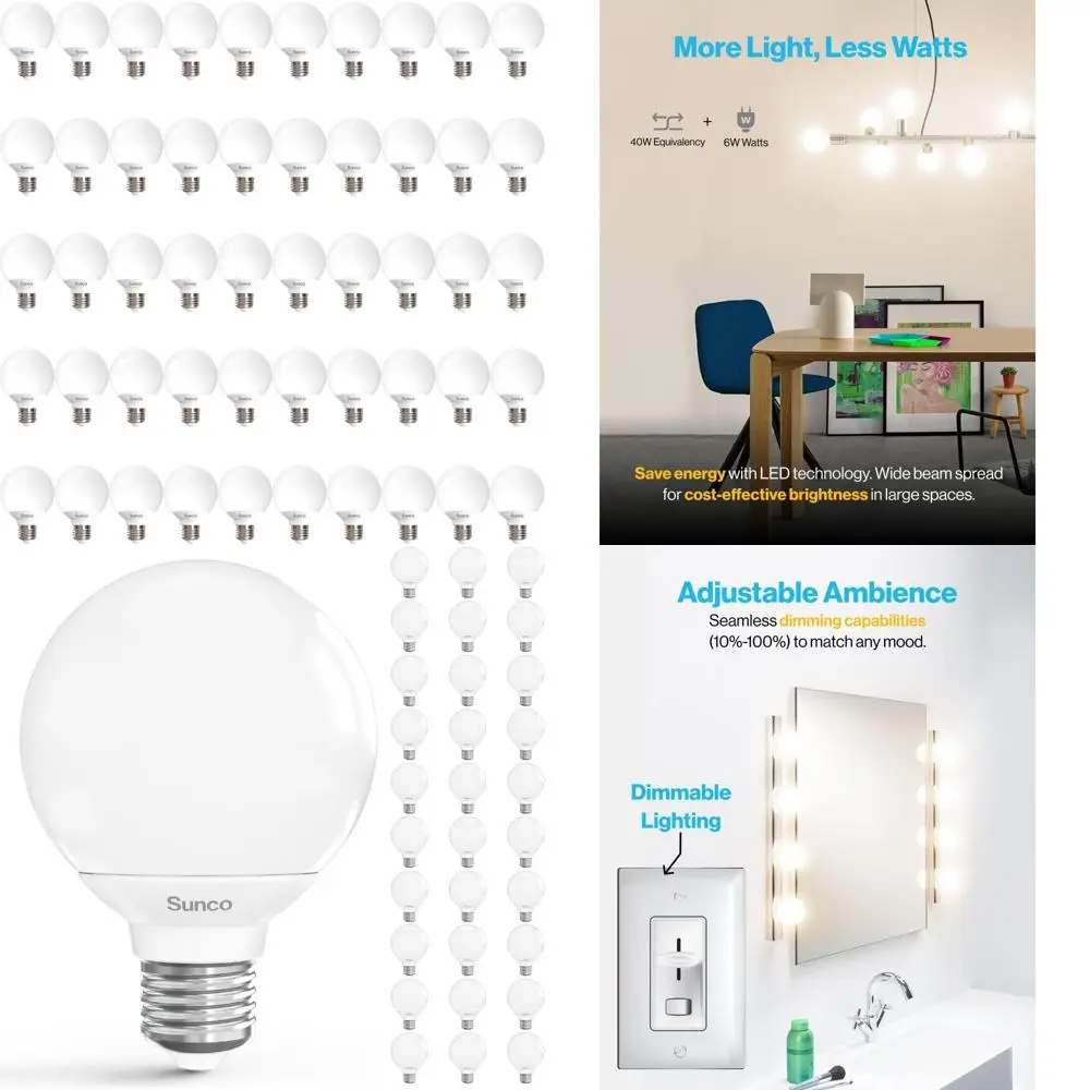 

Светодиодные лампы для туалетного столика с регулируемой яркостью, 50 шт., 450 люмен, теплый белый 3000 К, 6 Вт, эквивалент 40 Вт, глобусные лампы для ванной комнаты