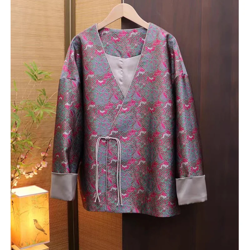 Autumn High Quality Song Brocade Satin New Chinese Style Women's Top V-Neck Single Button+ Contrast Cuff Elegant Jacket S-XXL