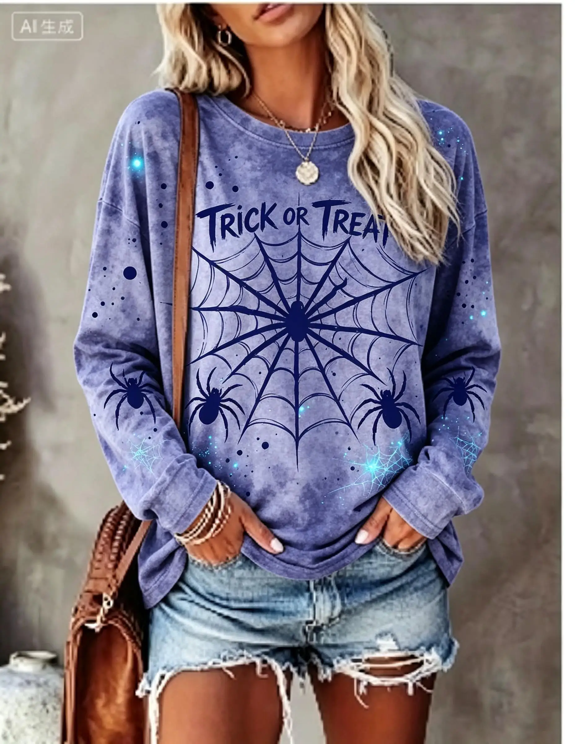 Women Halloween Long Sleeve T‑Shirt Trick Or Treat Spider Web Tie‑Dye Print Crew Neck Tops