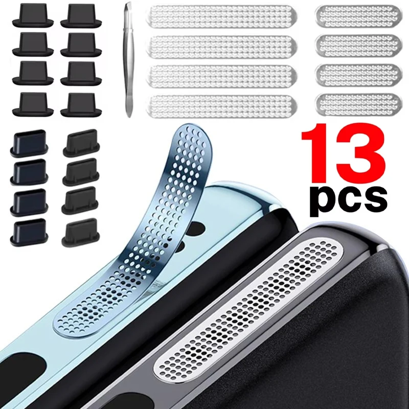 13pcs Mobile Phone Dustproof Net Stickers Charging Dust Plug Speaker Hole Anti-Dust Metal Mesh Dust Cover for iPhone 16 Samsung