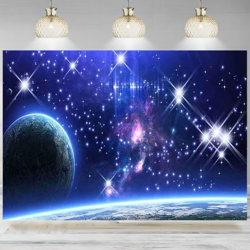 

Galaxy Backdrop Stars Sky Background Dark Blue Halo Glitters Stars Purple Earth Props Photo Photographic Banner