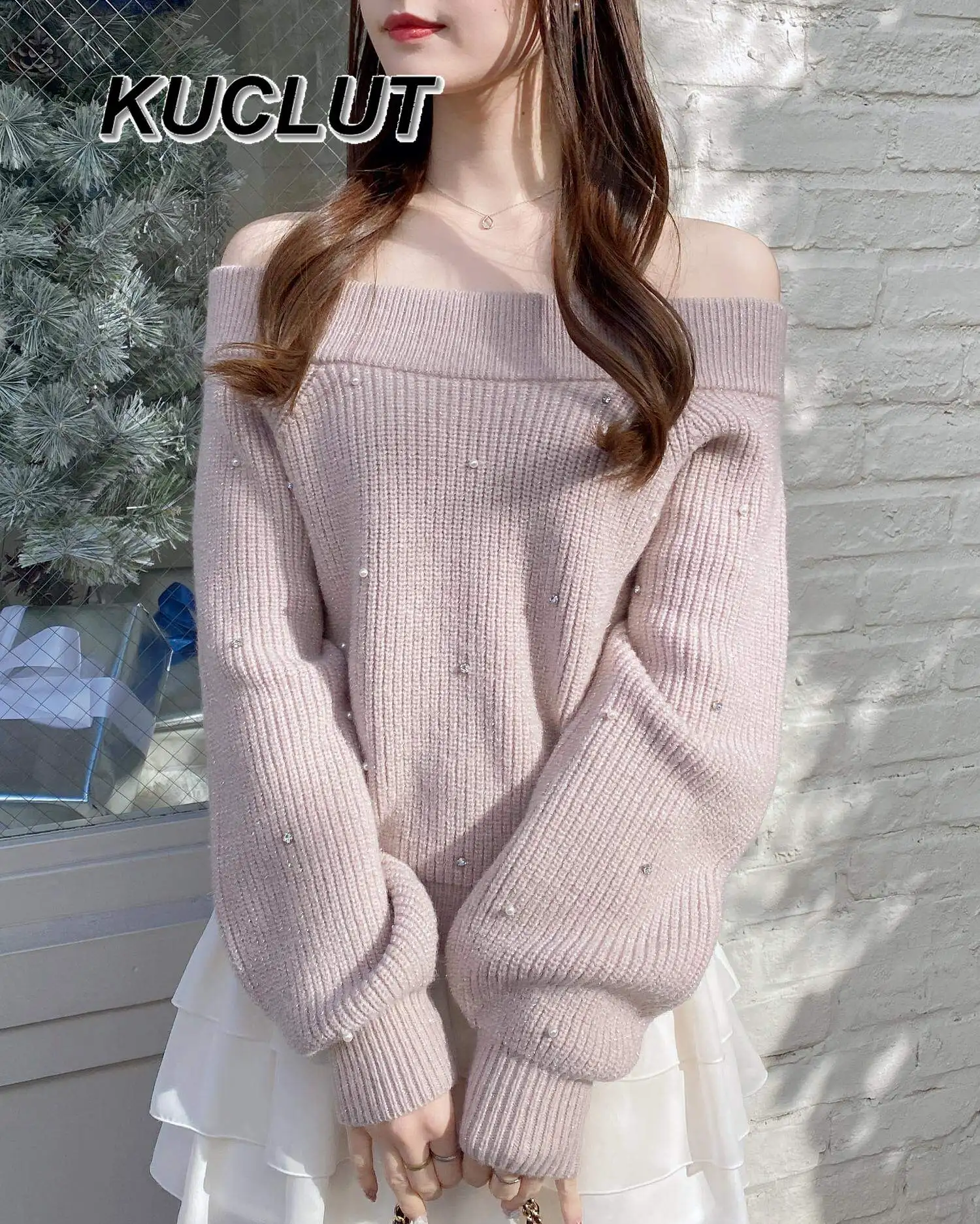

Japanese Style Diamond Off-Shoulder Knitted Sweaters for Women Fashion Gentle Regular Pullover Sweater Top Autumn Winter