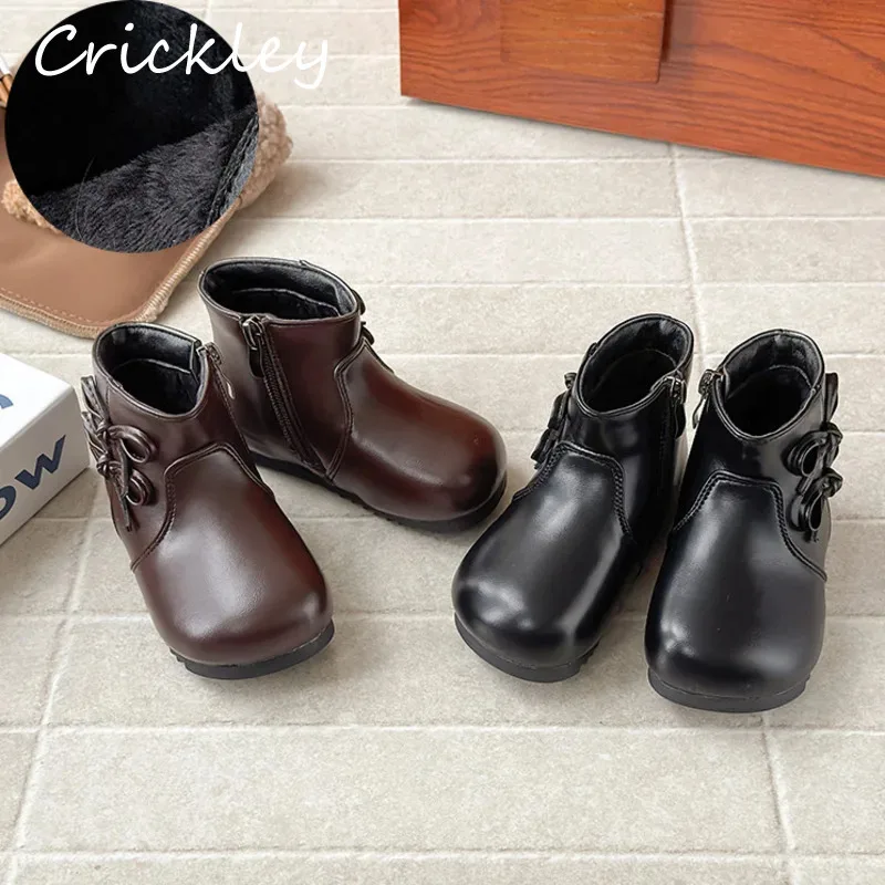 

Winter Solid Bow Kids Chelsea Boots PU Leather Zip Girls Ankle Shoes Short Plush Soft Non Slip Toddler Children Fashion Boots